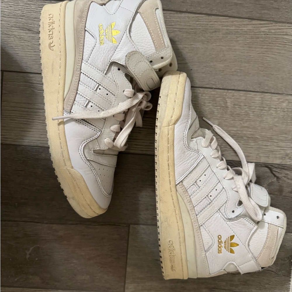 Adidas White and Cream High-Tops with Gold Accents